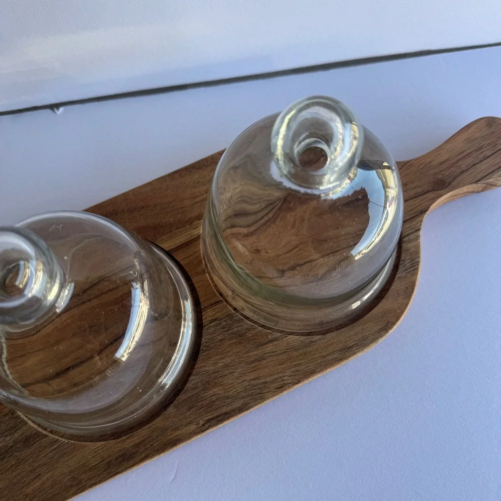 Unbranded Serving Board Set OS Brown Wood Glass Cloche Domes Farmhouse Boho 4pc